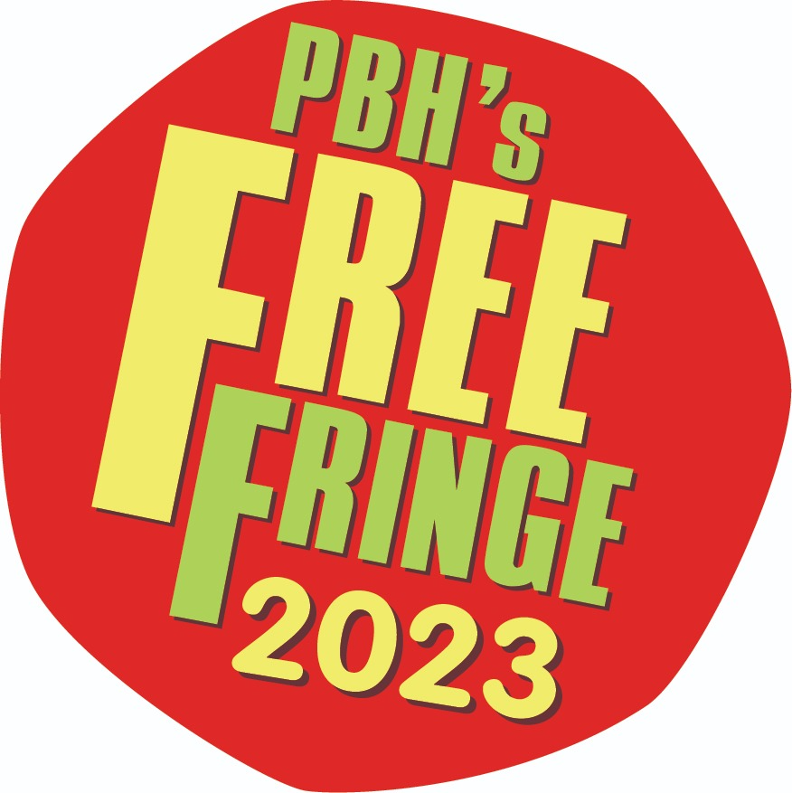 PBH Free Fringe 2023 logo. Red rounded octagon with PBH's Free Fringe 2023 printed on the inside at a jaunty angle. 