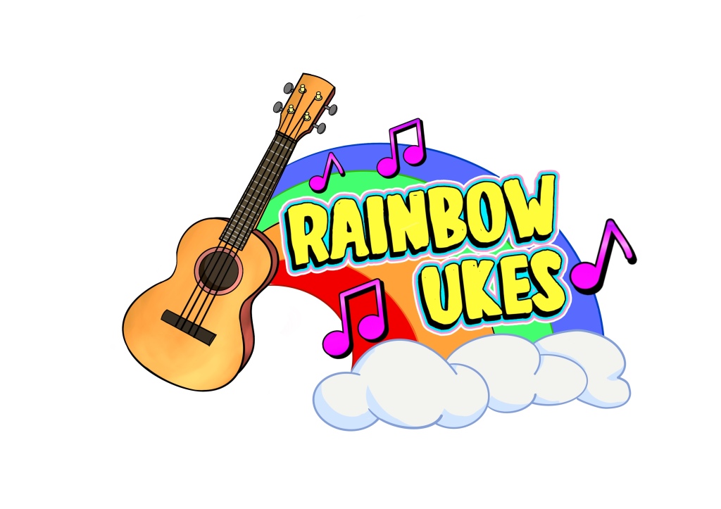 Rainbow Ukes Logo. A ukulele with a rainbow coming out of the top of the body.